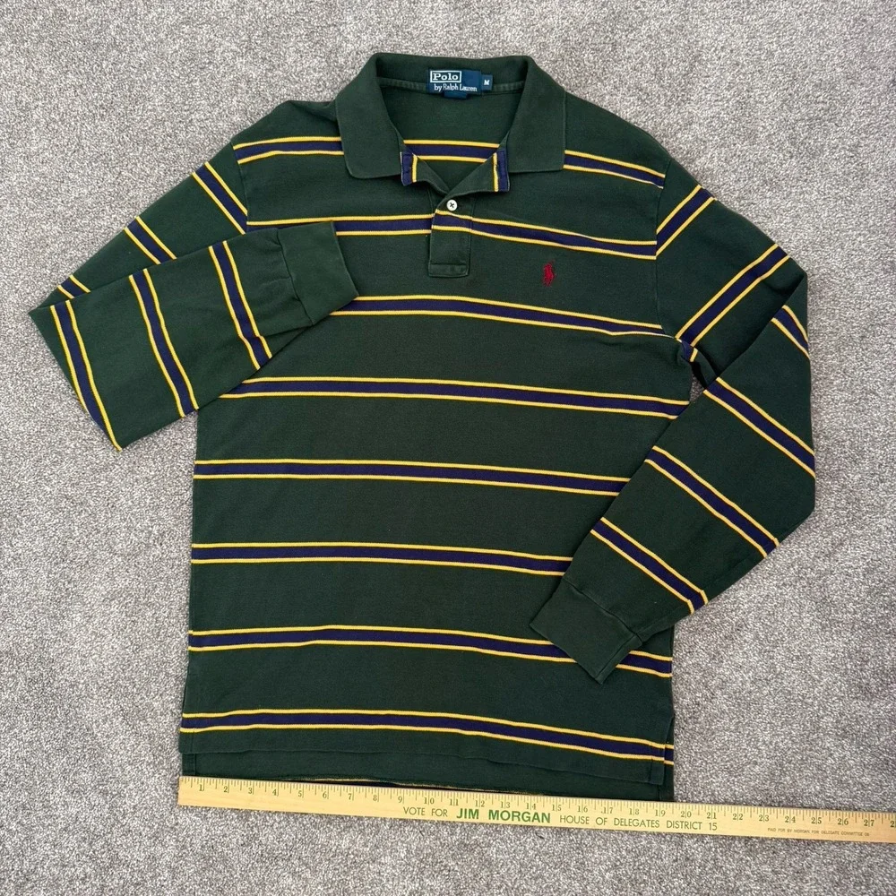 Polo By Ralph Lauren PRL Mens M Striped Long Sleeve Polo Green Yellow VTG Y2K